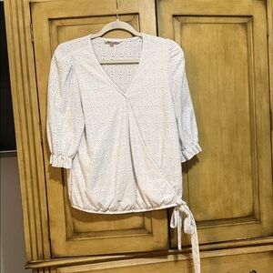 Chic White Eyelet Wrap Blouse